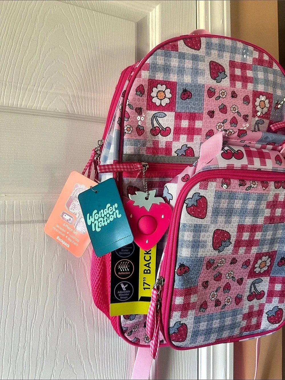 Wonder Nation 17 Inch Backpack 4 Piece Set Pink Strawberry Gingham Berry Patch
